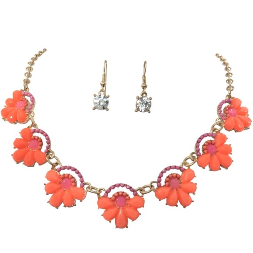 Bright Orange Pink Abstract Necklace Earrings Set